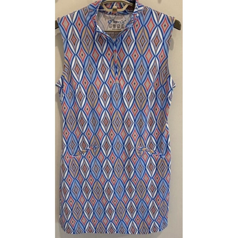 IBKUL Sleeveless Active Dress UPF 50+ 1/4 Zip Blue Geometric Print Pockets L